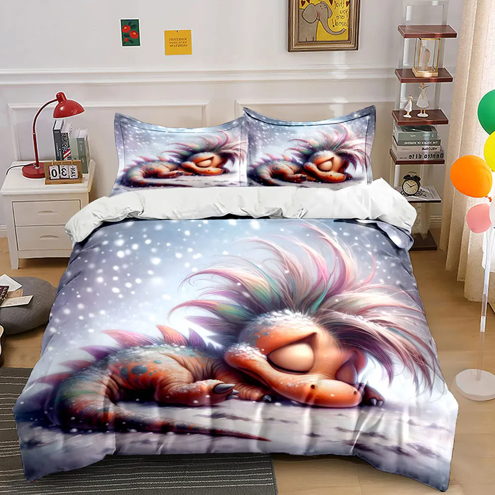 Colorful baby dragon sleeping in snow Duvet Cover Set with 3D Printing Design Soft Polyester Bedding Set All-Season Comfort