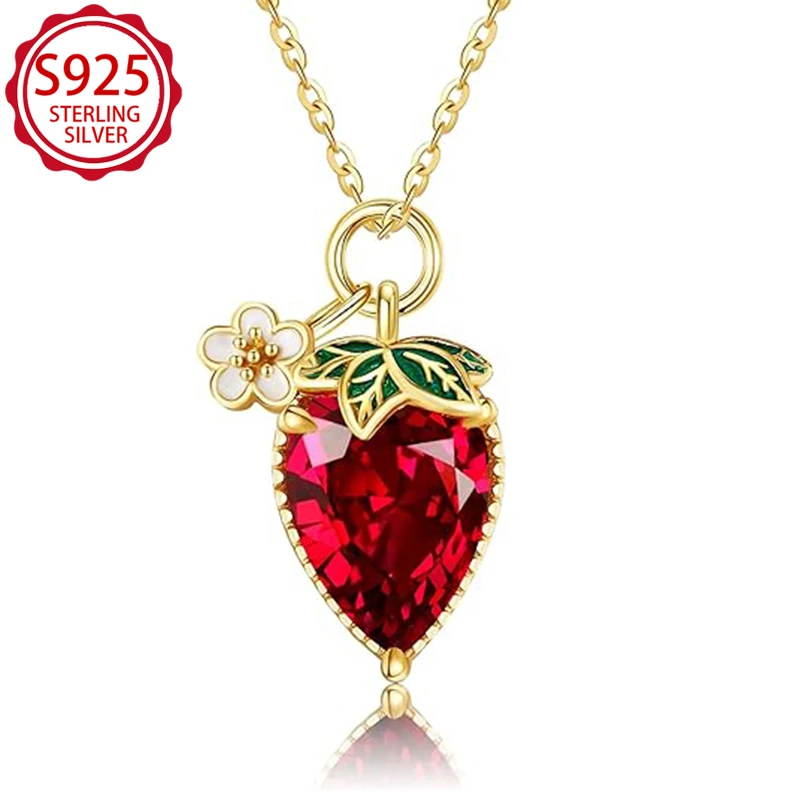 

Ожерелье из стерлингового серебра 925 пробы с милой клубникой, красный CZ, зеленая эмаль, цветок, милые украшения на День святого Валентина, рождественский подарок