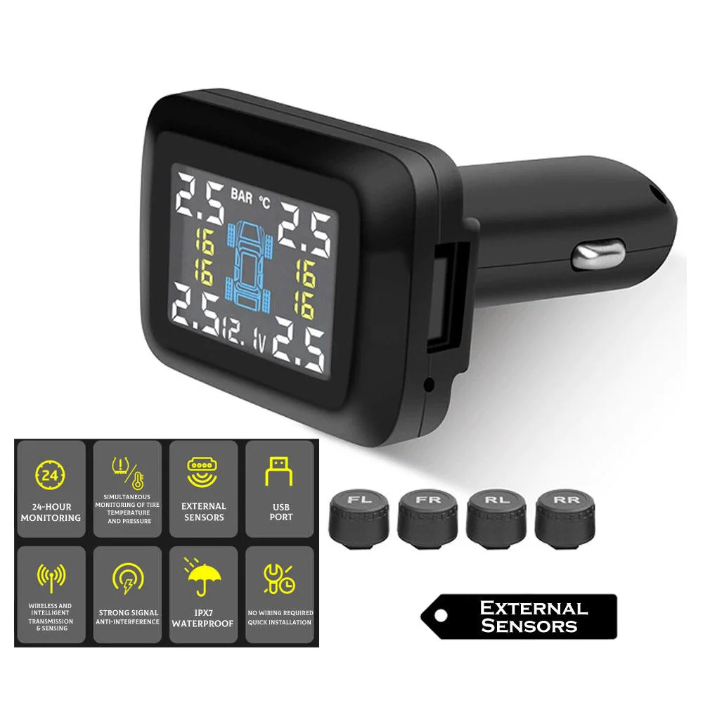 Auto-TPMS-Reifendrucküberwachungssystem für Zigarettenanzünder, 3-in-1-LCD-Display mit Spannungs- und Temperaturalarm sowie 4 externen Sensoren TY09 – Detail 1