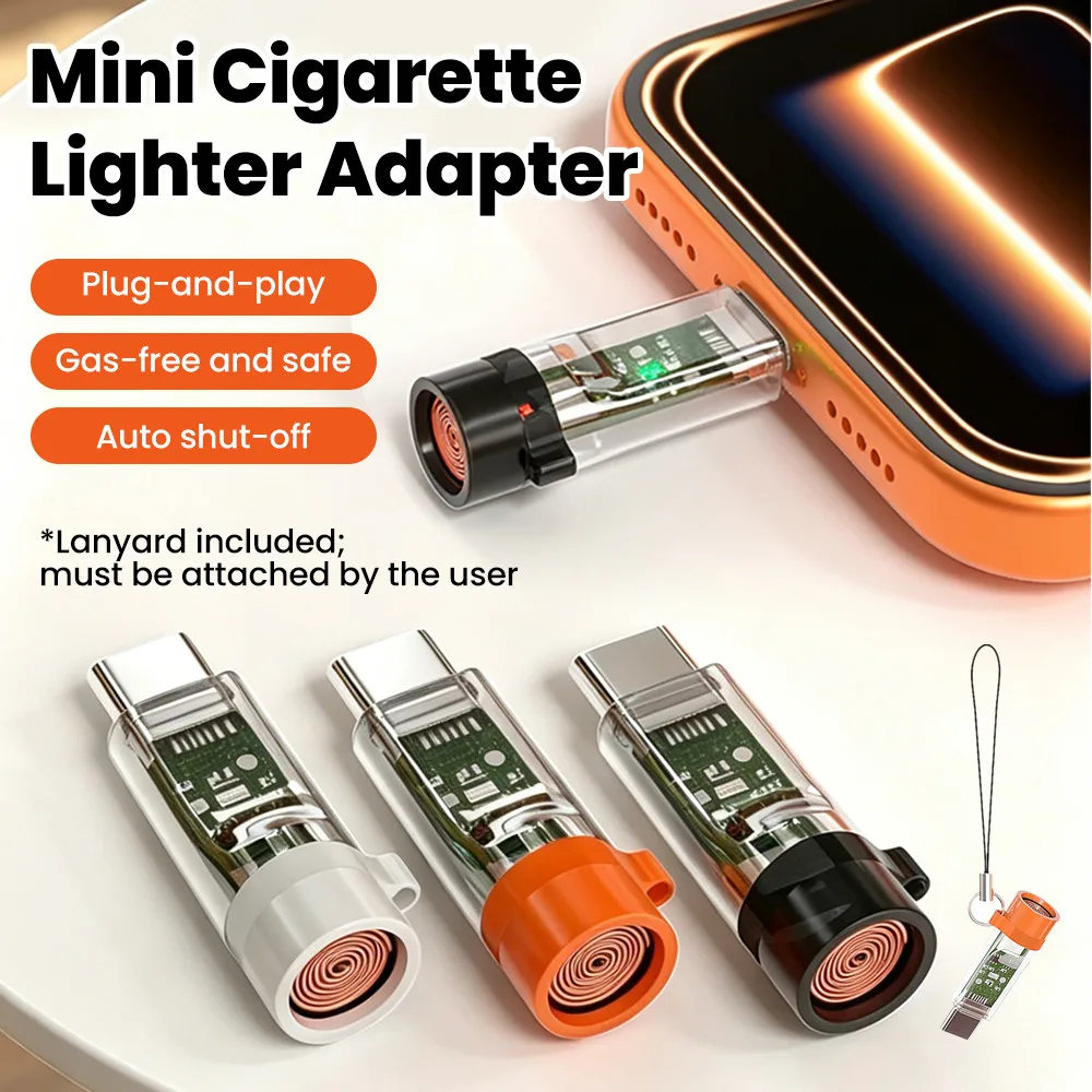 Type-C Mobile Phone Cigarette Lighter Adapter, Mini Portable Outdoor Flameless lighter, Non-Gas Safety Auto shut off