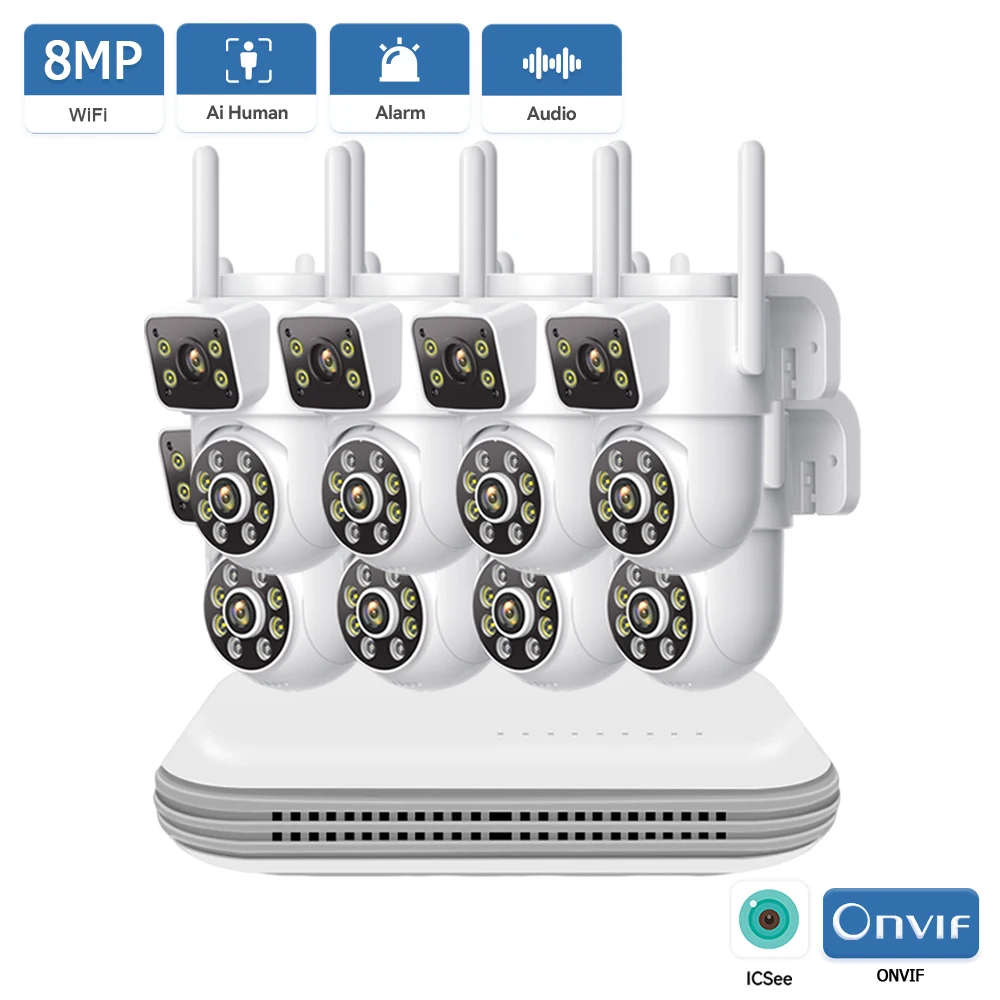 8MP CCTV System WiFi NVR Kit Security Tow Way Audio IP Cameras Wireless Dual Lens 10CH Video Surveillance Set iCSee XMeye