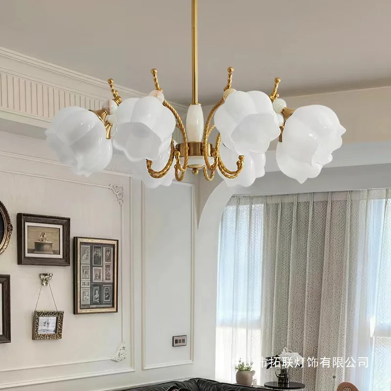 French fan light living room dining room ceiling fan light integrated American bedroom chandelier light luxury retro flower desi