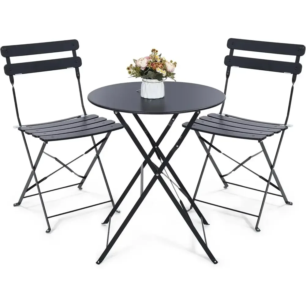 Compact 3-Piece Outdoor Patio Bistro Set with Folding Table and Chairs, Ideal for Balcony or Garden, Black