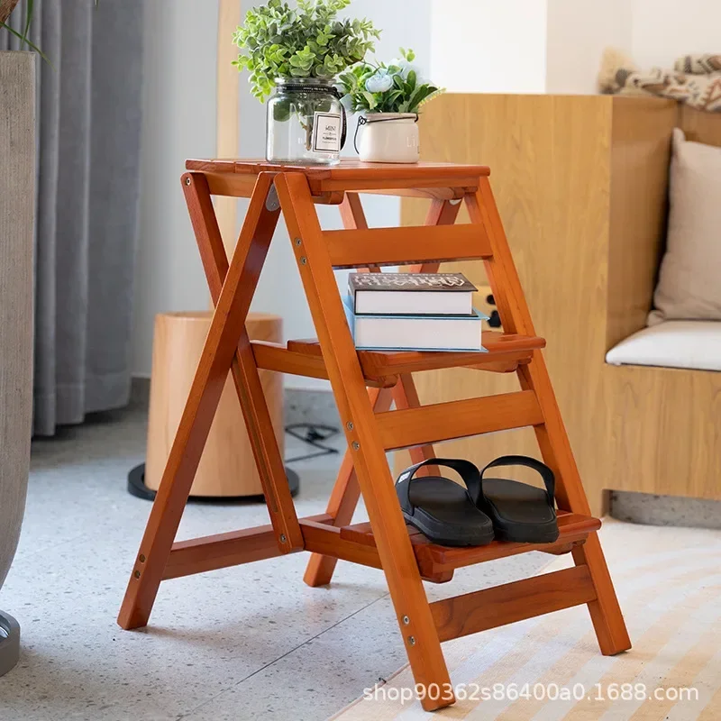 Solid Wood Ladder Installation-free Household Folding Stool Multi-functional Three-step Climbing Step Stool Stair Chair