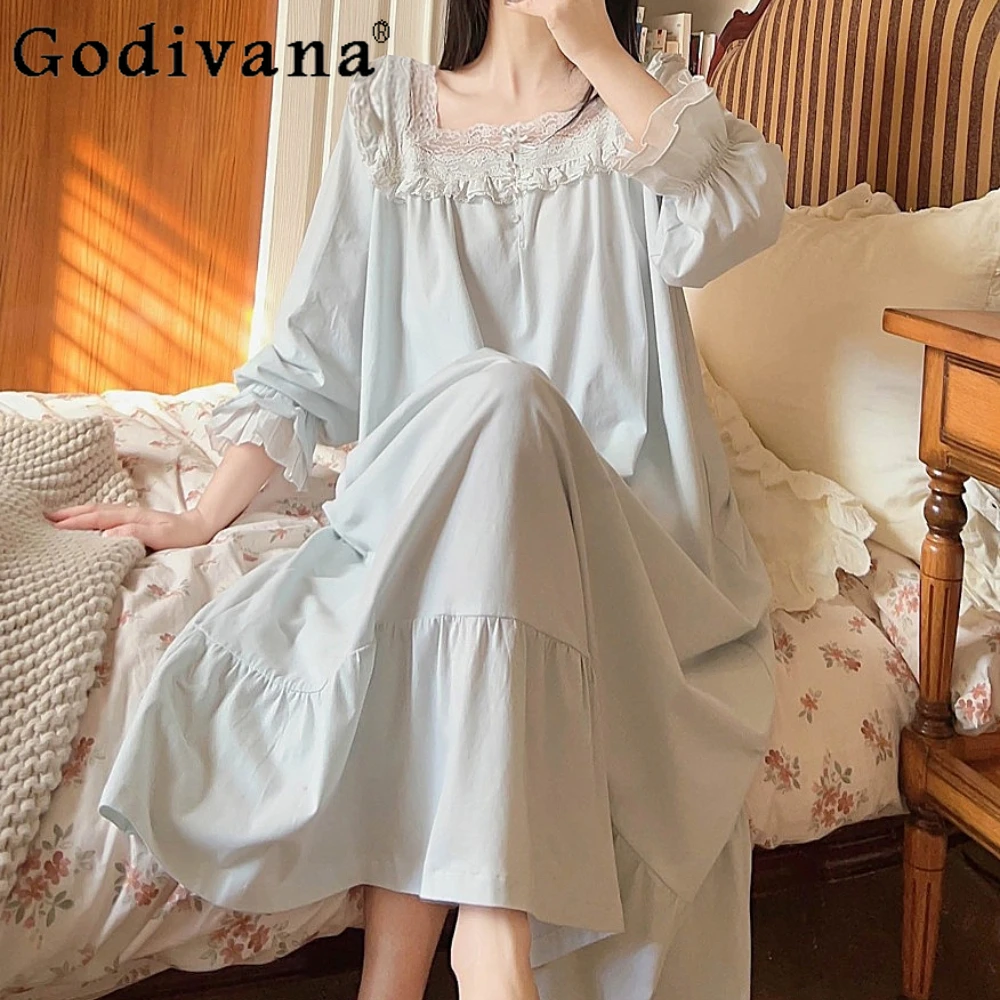 

Lady Girl's French Style Puff Sleeve Nightgown Loose Nightdress Sweet Lace Sleepwear Woman Nightwear