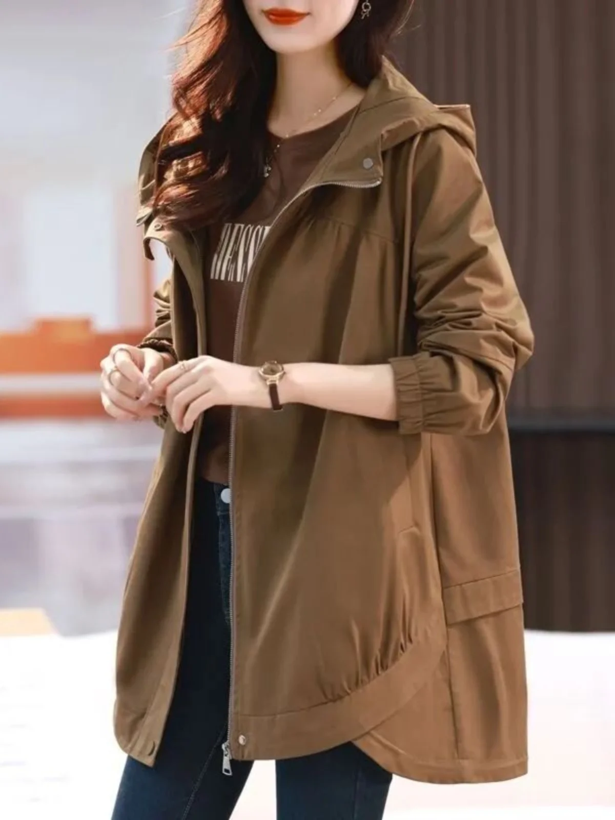 

Women's Loose Long Coat Spring Autumn New Sle European Faion Early Spring plus Size Slimming Outerwear Stand Fit