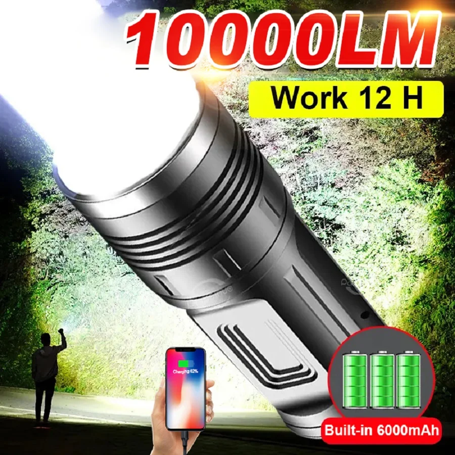 

10000LM Super Powerful LED Flashlight 6000mAh Large Capacity Built-in Battery USB Rechargeable Torch Zoomable Tactical Lantern