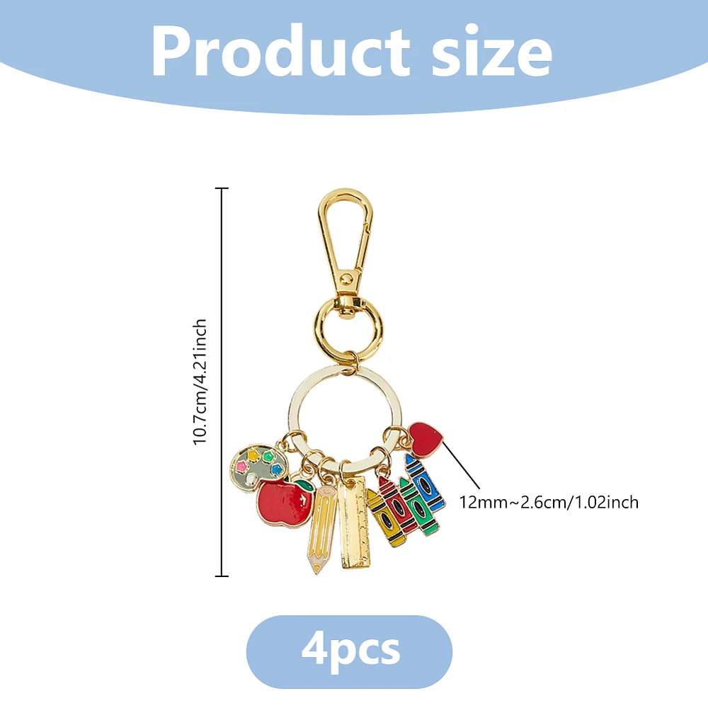 4Pcs Teacher Bag Charm Bag Chain Gift Teacher Appreciation Keychain Golden Metal Keychain with Enamel Red Crayon Charms