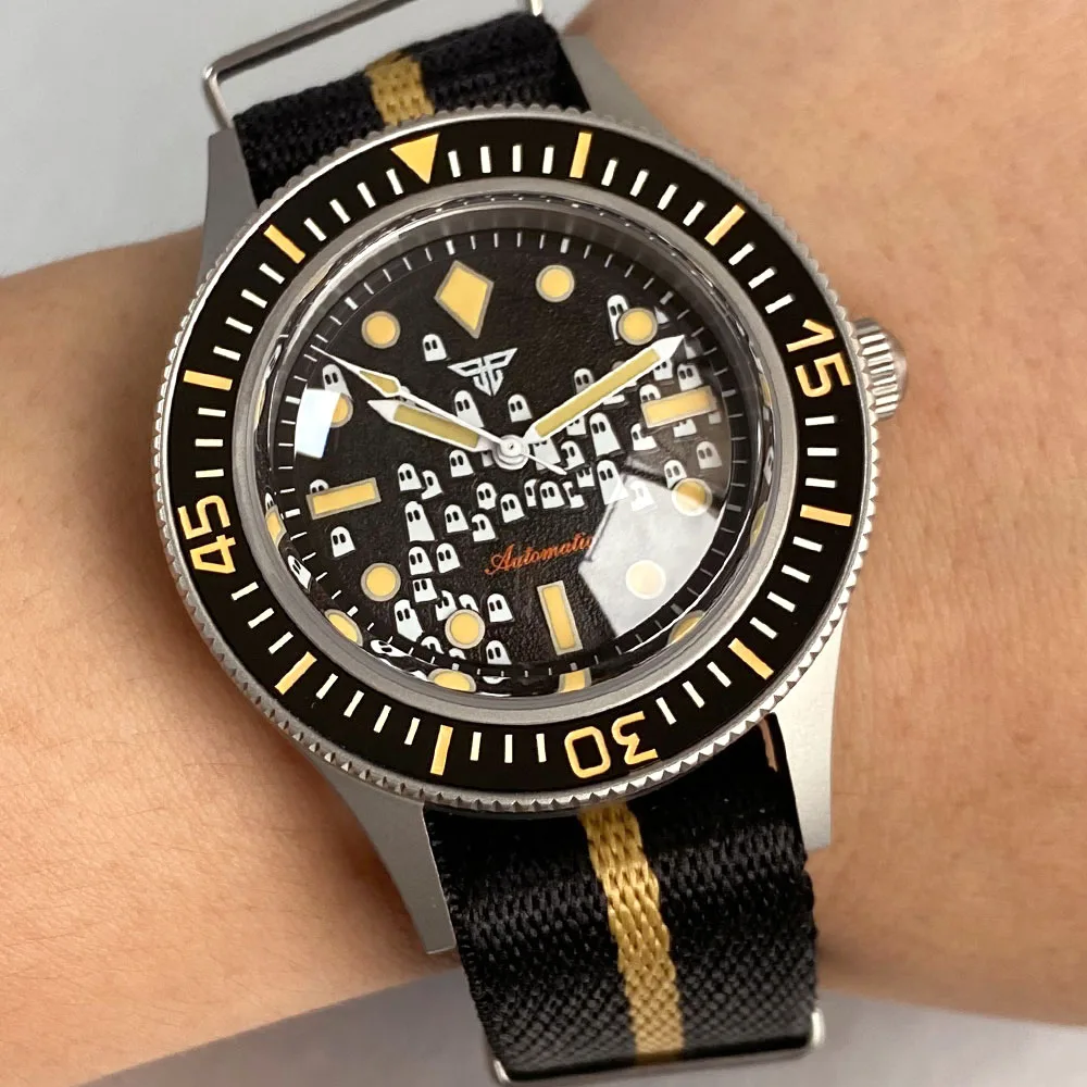Tandorio 50 Fathoms Automatic Watch for Men Luminous Ghost Dial Japan NH35A 200m Waterproof Bubble Sapphire Glass Sandblasted