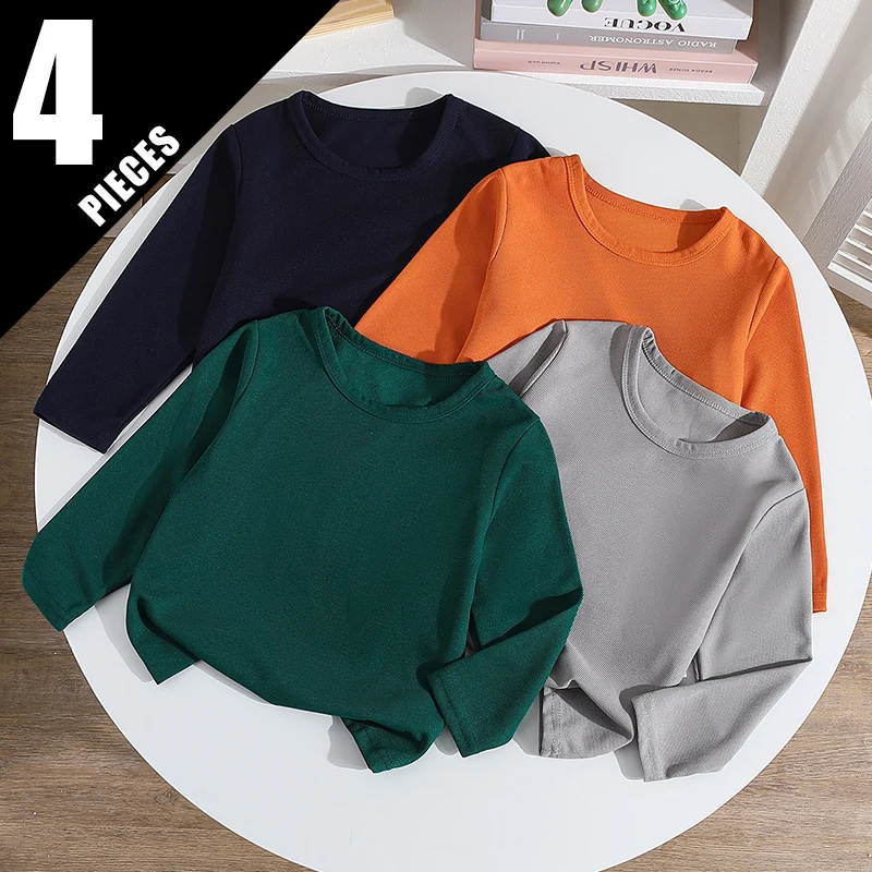 4/1 Stück Herbst und Winter Kinder einfarbig einfaches Waffelgitter dünnes langärmeliges T-Shirt Jungen und Mädchen Mode Top