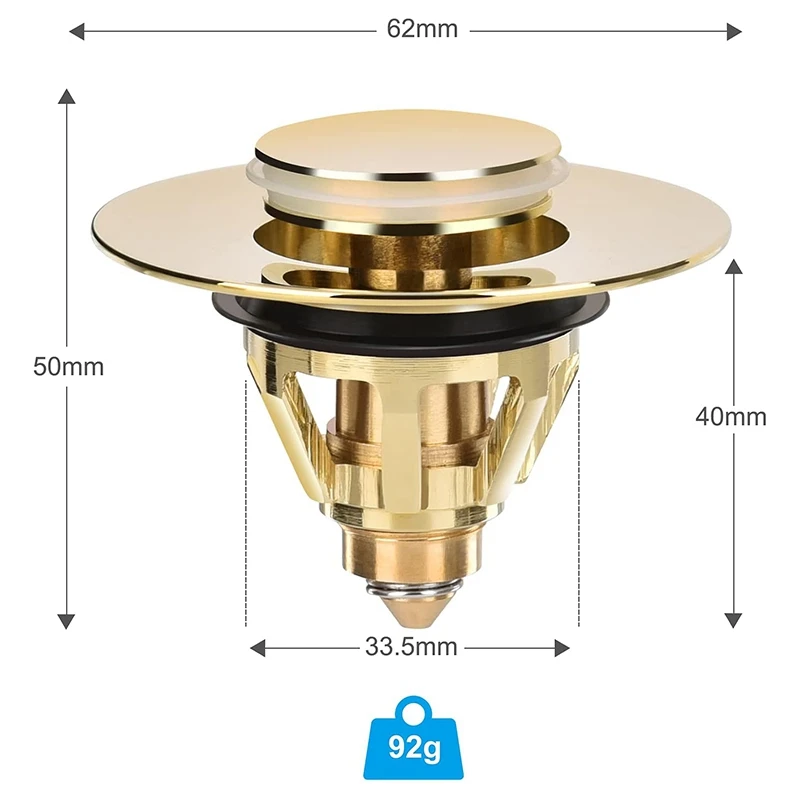 Conector de drenaje para lavabo, tapón Universal para válvula emergente, antiobstrucción colador de latón, tapón de fregadero, desagüe de fregadero (dorado)