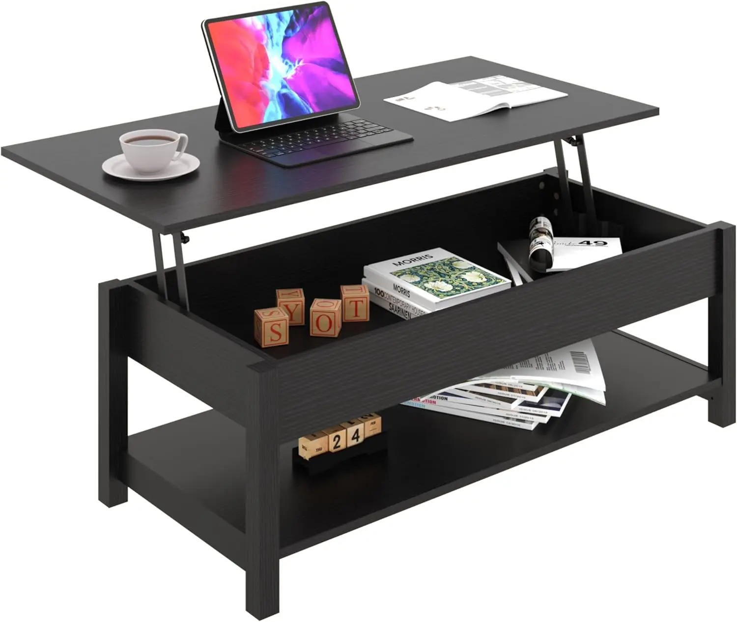 Coffee Table with Hidden Compartment and Open Shelf, Lift Tabletop Pop-Up Tea Table for Living Room, 45.28" L, Black