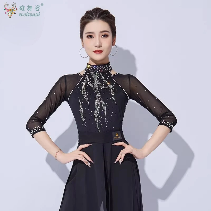 

Latin Dance Clothes Female Adult Rhinestone Long Sleeve Top Profession Performance Clothing Modern Samba Cha Cha Dancing Shirt