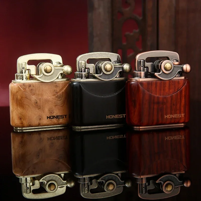 HONEST Vintage Rocker Kerosene Lighter Metal Inner Liner High grade Sandwood Shell Grinding Wheel Ignition Lighters Smoking Gift