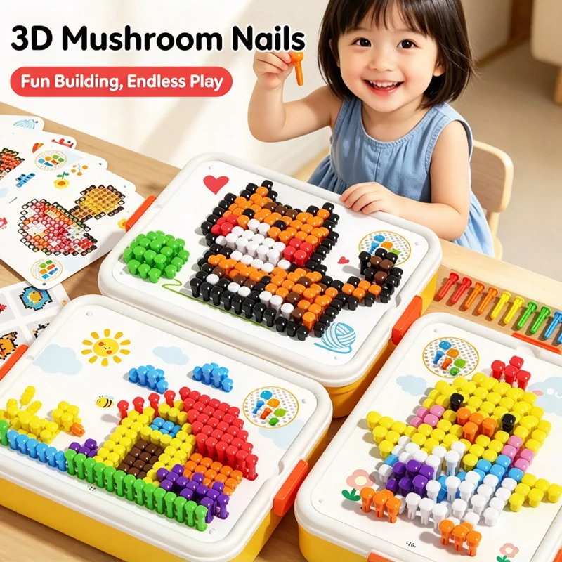 3D Mushroom Nail Peg Puzzle Children's Diy Construction Large Bean Assembly with Storage Box Insertion Fun Puzzle Toys Kid Gifts