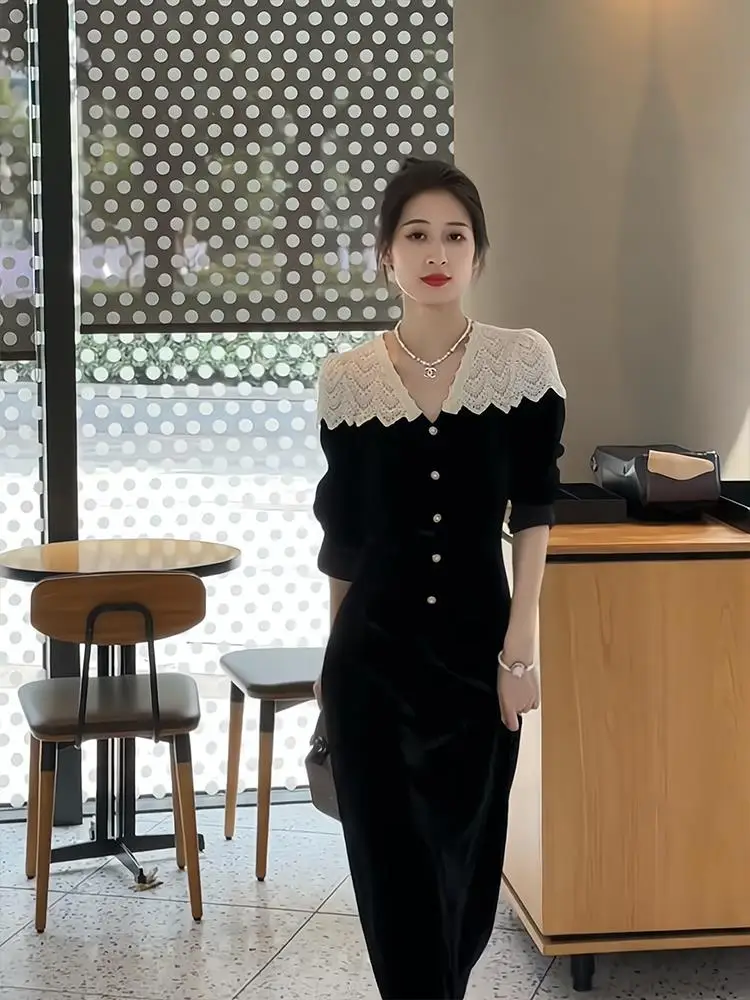 

Ele Velvet Bla Dr for Women Luxury High-end Birthday Par Gown Hepburn Sle Retro High-waist Long-sve Evening D...