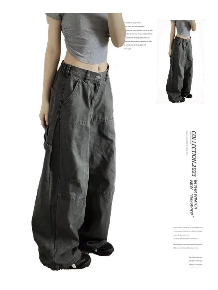 

Women Grey Green Baggy Y2k Cargo Jeans Harajuku Streetwear Denim Trousers Japanese 2000s Style Jean Pants Vintage Trashy Clothes
