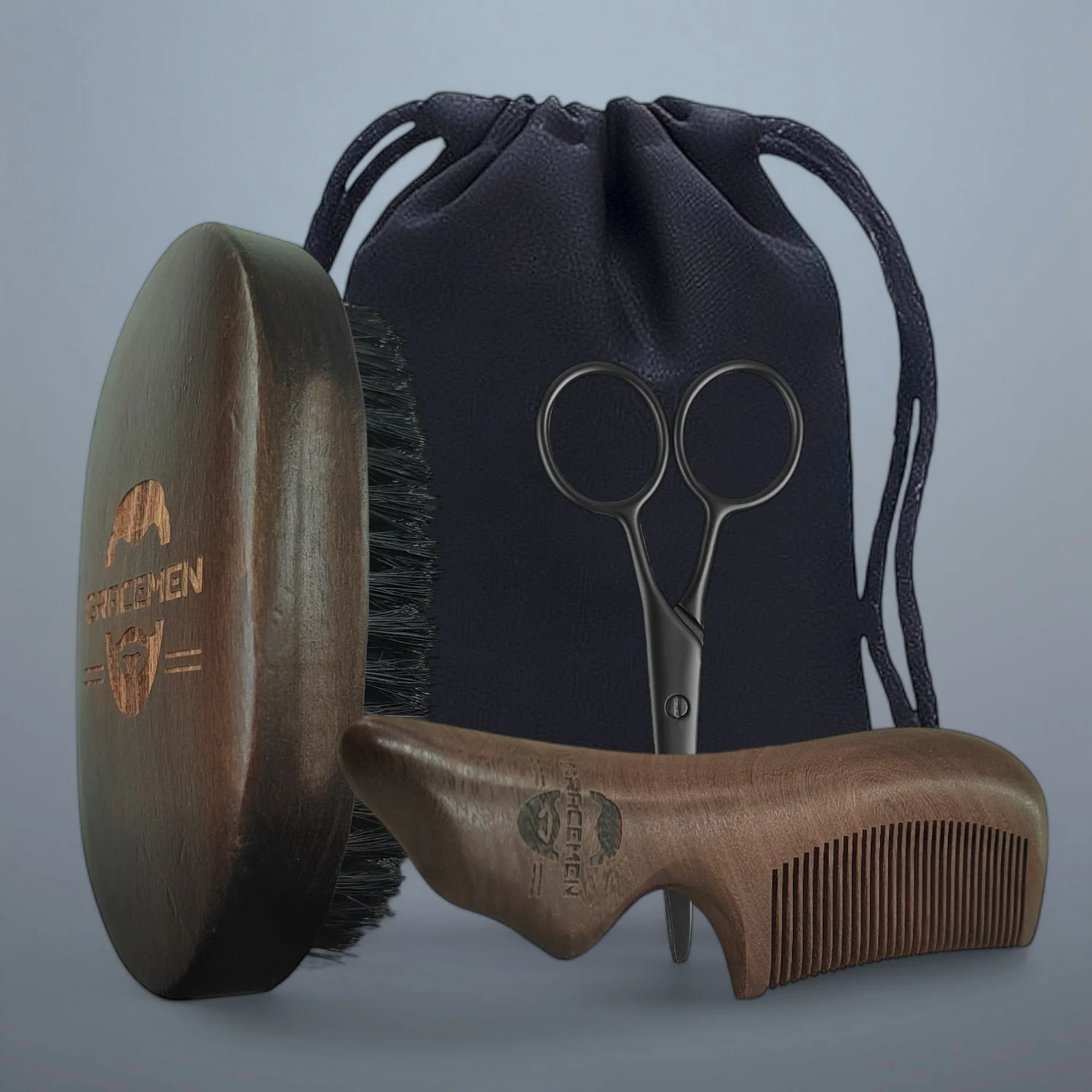 

The Gracemen Beard Kit-Retro Beard Brush &Handle Wooden Comb & Stainless Steel Scissors Grooming Set for Men With a Black Bag