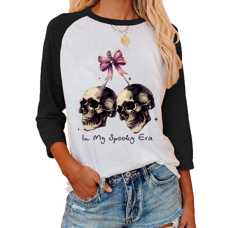 Happy Halloween Print Three Quarter Sleeve T-shirt For Women Raglan Tshirt Casual Crew Neck Blouse Tops Halloween Ghost T-shirts