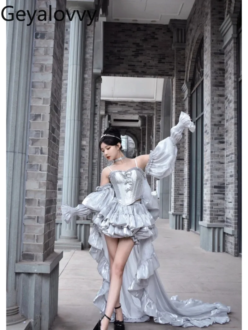 Summer Premium Tube Top Bow Slimming Sling Crop Top Birthday French High Waist Fluffy Princess Short Skirt Trailing Set