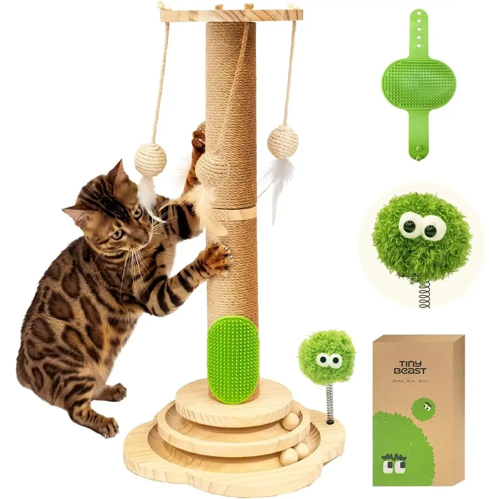 

4 in 1 Cat Scratcher Toy with Cat Ball Tracks, 25 Tall Sisal Scratch Post or Indoor Kittens Adult Cats, Interactive Leather Toy