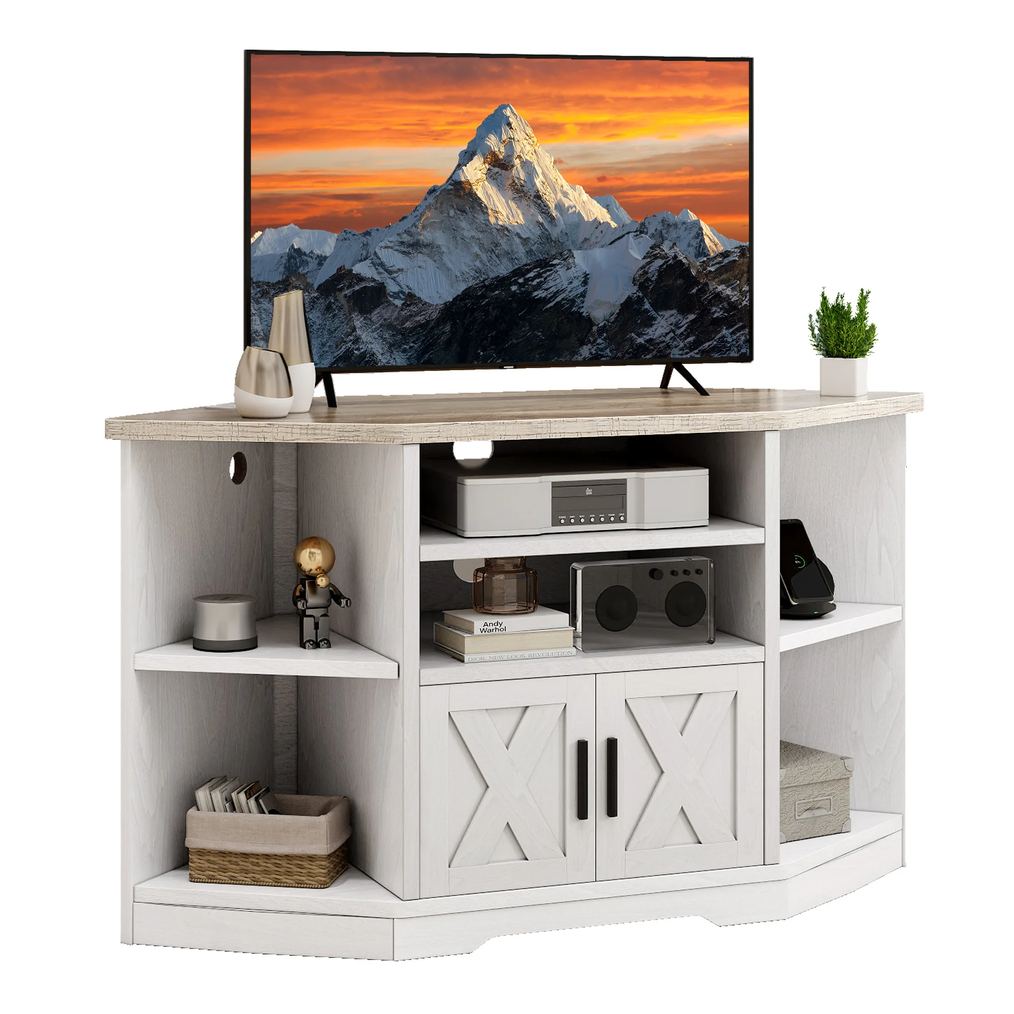 Farmhouse Corner TV Stand w/ Power Outlet Media Console Table for TV to 55 inch