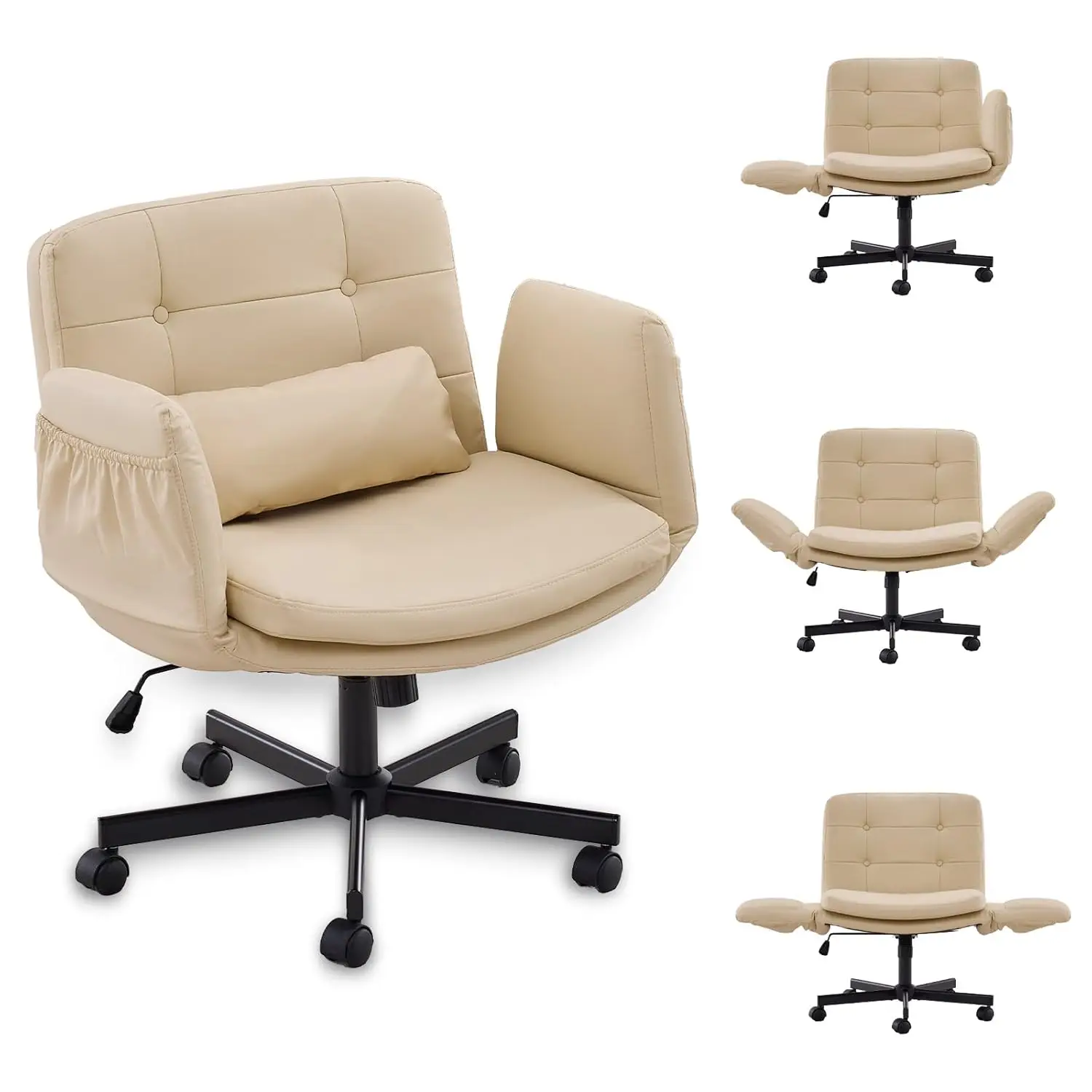 

Кресло с перекрестными колесиками, регулируемыми подлокотниками, широким сиденьем из искусственной кожи, поворотное, для дома, офиса, макияжа, туалетного столика, на заказ