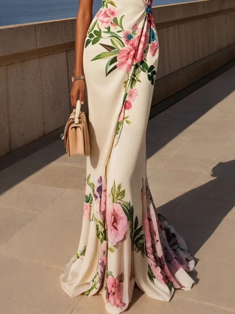 فستان Yeezzi النسائي العميق على شكل حرف v مطبوع عليه زهور للحفلات الراقصة على شكل حرف a 2026 جديد بدون أكمام أنيق لقضاء العطلات المسائية فساتين ماكسي