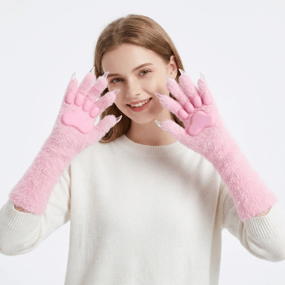 Long Cat Claw Gloves Furry Silicone Paw Pads Animal Claw Hand Gloves Cosplay Costume Accessories Cute Plush Gloves Halloween