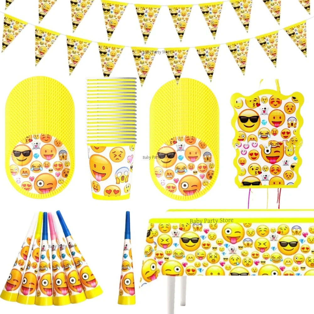 Ensemble de fournitures de décoration pour fête Emoji Smile, assiettes en papier, gobelets, serviettes, fournitures de décoration pour fête d'anniversaire pour enfants, cadeaux pour baby shower