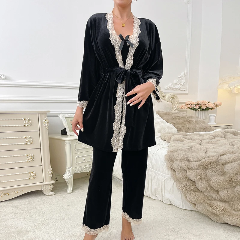 블랙 벨벳 레이스 패치워크 여성용 파자마 세트, 슬립웨어 여성용 3피스 세트, 서스펜더 나이트가운 팬츠 홈 슈트 세트 790