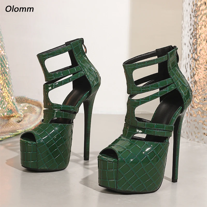 

Olomm Artisan Crafted Women's Strappy Platform Shoes - Dark Green Crocodile Texture Heels Ladies Size 5-20
