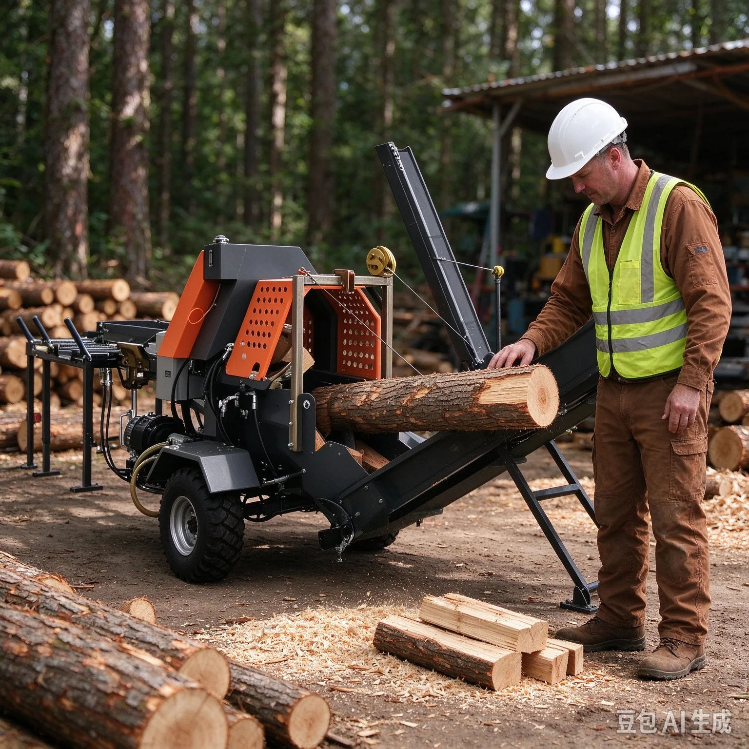 High Efficiency Log Splitter with Standard 4-Way Wedge for Commercial Wood Processing