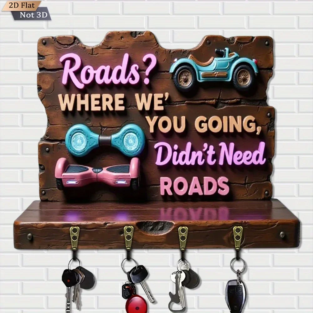 2D Flat, 1pc, Key Hook Shaped Like a  Balance Scooter, Wooden Multi-Functional Home Key Rack, with Four Metal Hooks, Wall