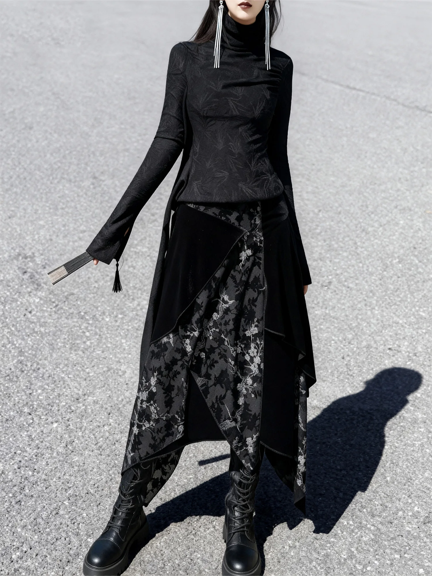 

High Collar Knitted Base irt Silver Embroidery Crane Plant Velvet f Skirt Women's Faion Soft Nylon Spandex Autumn Long...