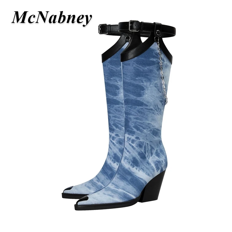 2023 New Denim Metal Buckle Chain Pointed Toe Boots Chunky High Heeled Buckle Strap Fashion Side Zipper Women Knee Boots Shoes