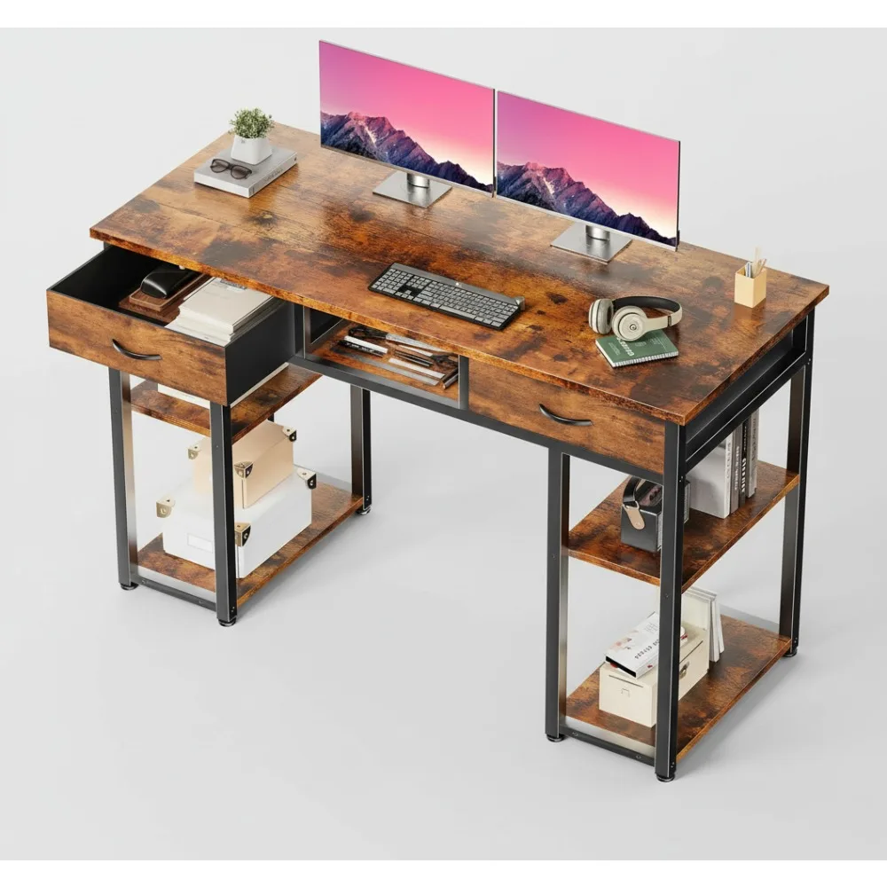 

48-дюймовый небольшой компьютерный стол с ящиками и полкой для хранения, регулируемыми ножками, коричневый в деревенском стиле для домашнего офиса, игрового исследования