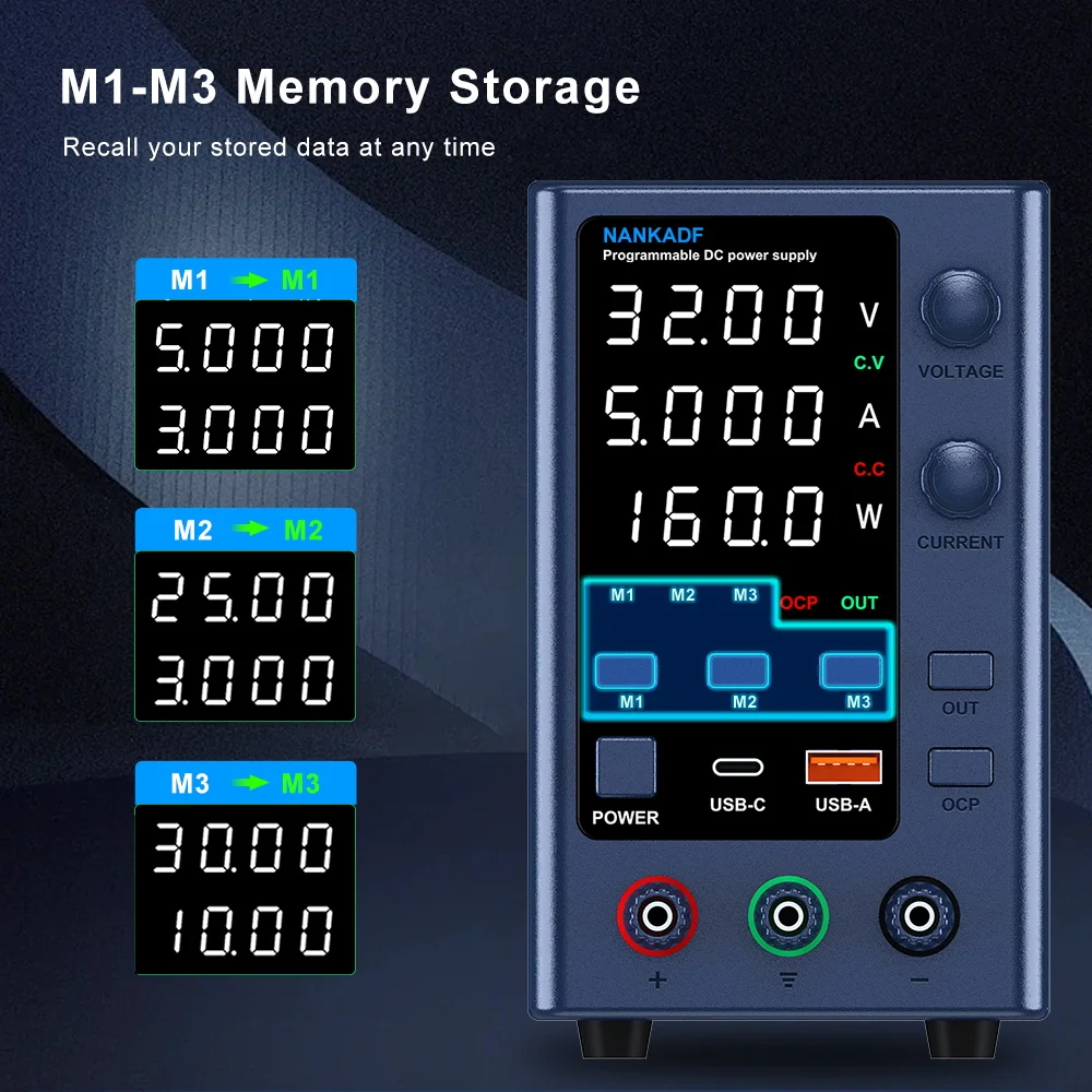 Imagem -04 - Fonte de Alimentação cc Ajustável Comutação de Alimentação com Memória de Armazenamento 032v 010 Energia de Laboratório com Usb e Carga Rápida tipo c