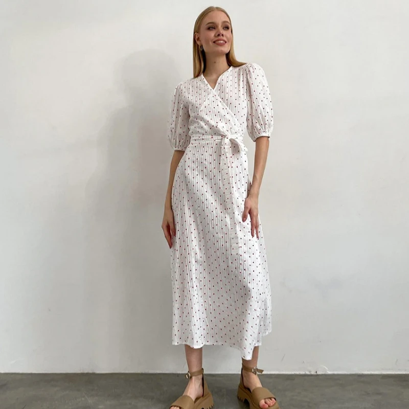 

2024Casual Summer Dresses 100% Cotton Floral Print A-Line Side Slit Midi Long Elegant White Dress for Women Midi Vestido Elbise