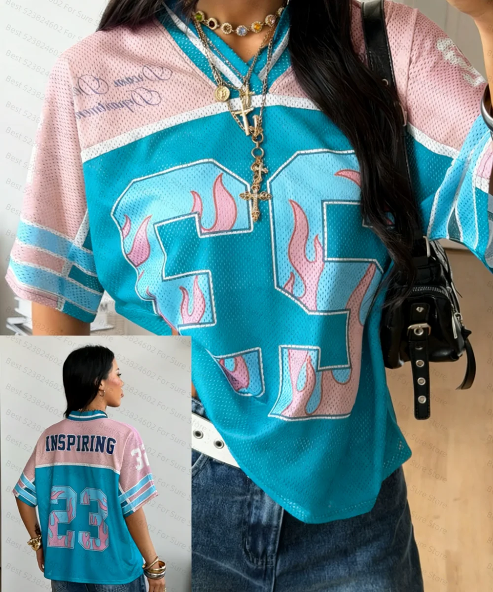 Women's Y2K Flame Print Mesh Football Tshirt Jersey Plus Size V Neck Color Block Streetwear Vintage Breathable Summer T Shirt