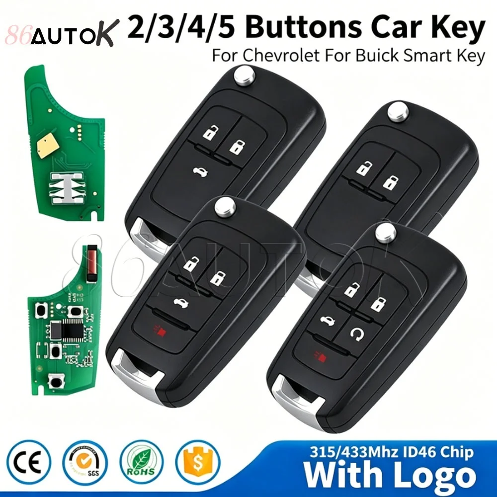 

Remote Car Key For Chevrolet Cruze Spark Malibu Aveo Sail Trax For Buick Encore 2/3/4/5 Buttons Flip Key with 315/433MHz 46 Chip