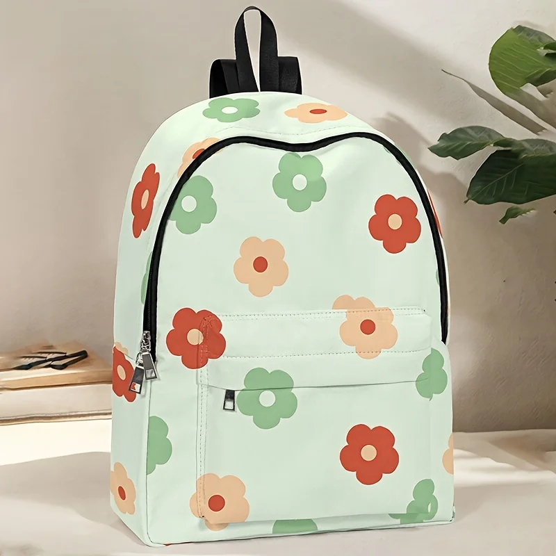 Floral Print Mint Green Backpack with Red Green Flowers Durable Foldable Fabric Adjustable Shoulder Straps Multiple