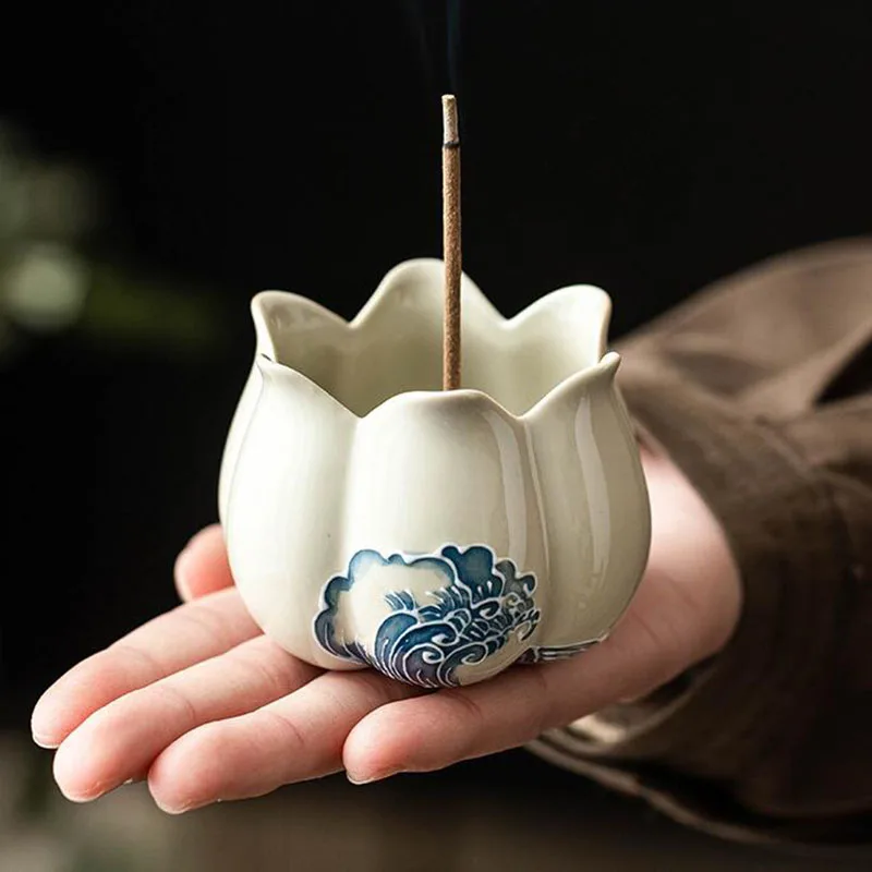 

Porcelain Sea Wave Pattern Lotus Design Stick Incense Holder Indoor Tea Ceremony Aromatherapy Burner Fragrance Base Home Decor