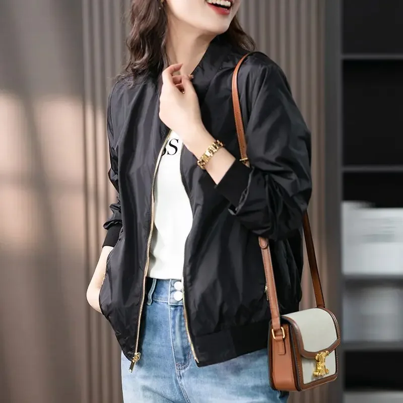 

Zip-up Skinny Baseball Aviator Coat Woman Slim Black New Products Chic Vintage Bomber Jacket for Women Sale Korean Style Pretty