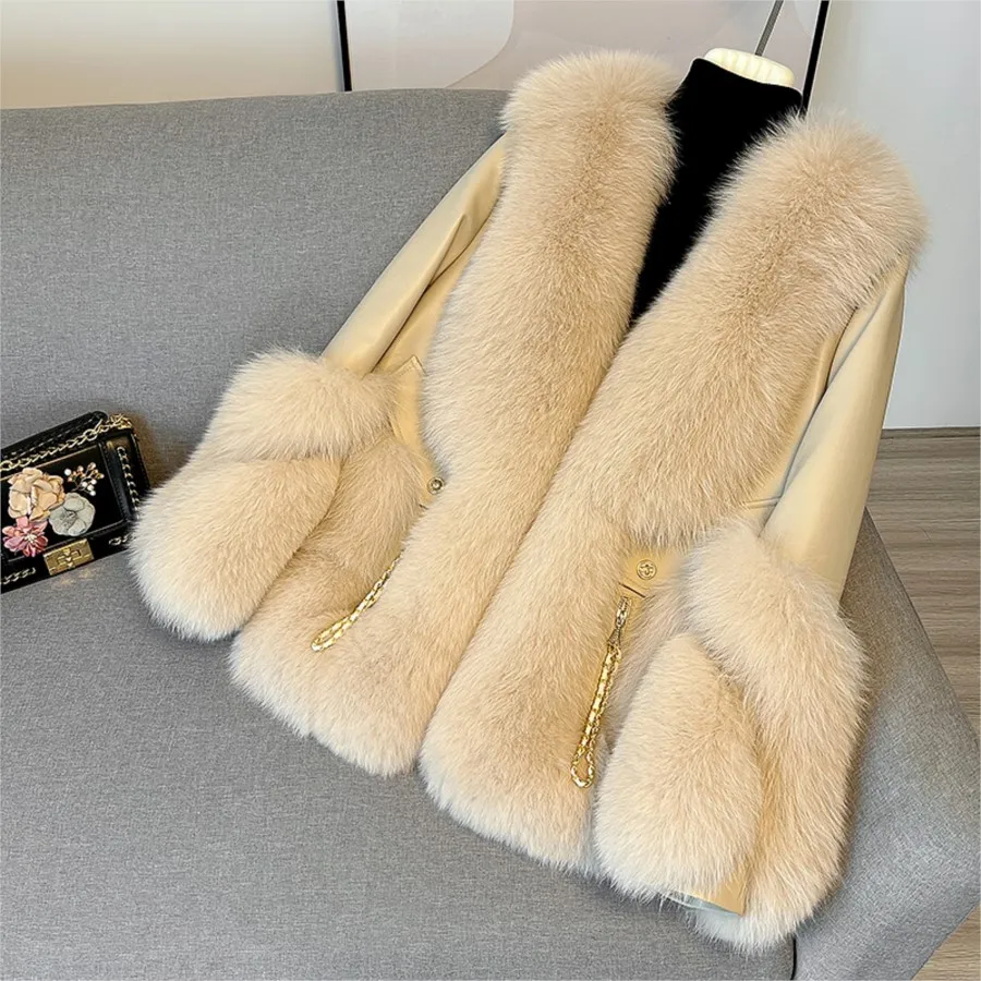 2023 New Fox Fur Fur Coat Women\'s Mid-Length Sheepskin Fur and Leather Overcoat White Goose Down