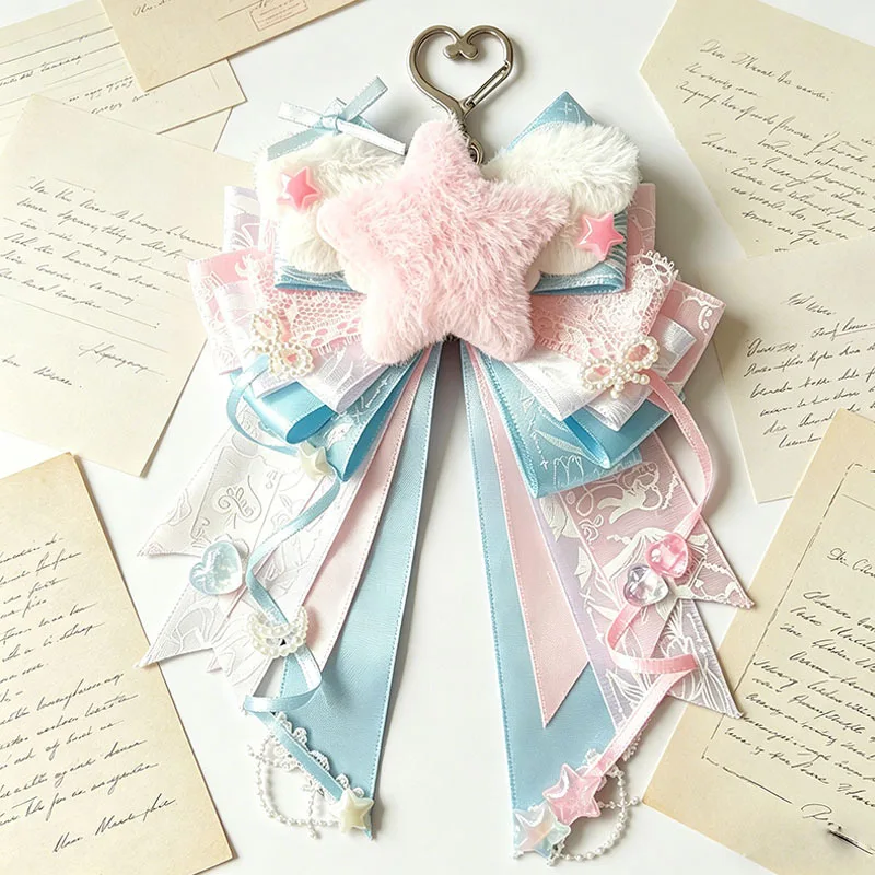 

Sweet Lolita Plush Star Bow Keychain Pink Blue Lace Bag Charm