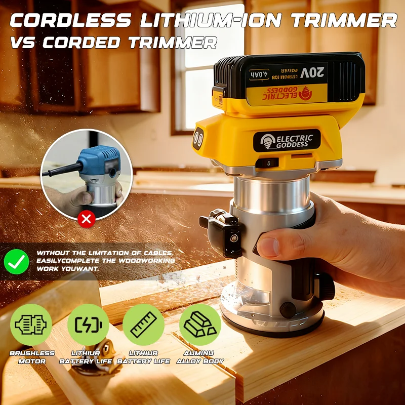 Brushless Wood Router Tool Cordless Milling Engraving Slotting Machine Woodworking Trimming Machine for Dewalt 20V Battery Pin