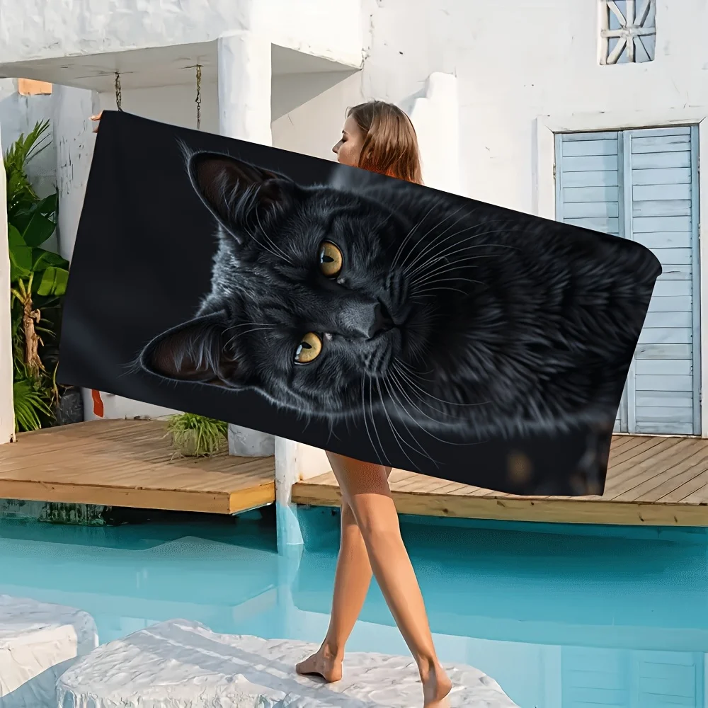 Black Cat Quick-Dry Microfiber Bath Towel Super Absorbent Lightweight Compact Perfect for Beach Pool Bathroom or Gym Stylish