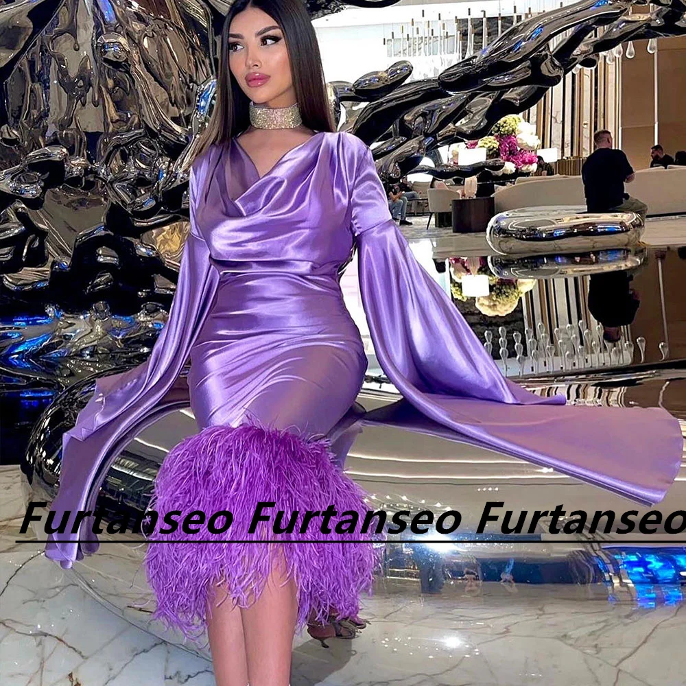 

Vintage Purple Mermaid Evening Dress Flare Sleeve V-Neck With Feather Draped Tea-Length Zipper Vestidos Para Eventos Especiales