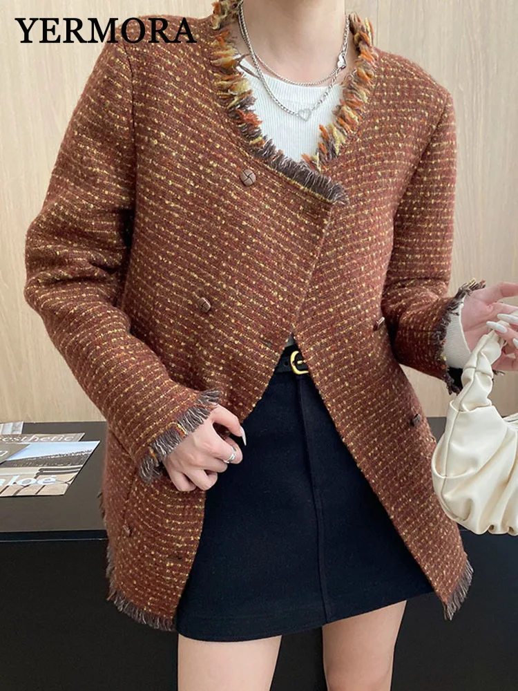 YERMORA Brown Tweed Tassel Texture Casual Jacket For Women O-Neck Long Sleeve Loose New Coat Fashion Tide Autumn Winter 2025